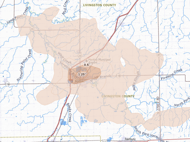Radar-estimated hail-size map of the storm over Pontiac, IL on Jun 5, 2026