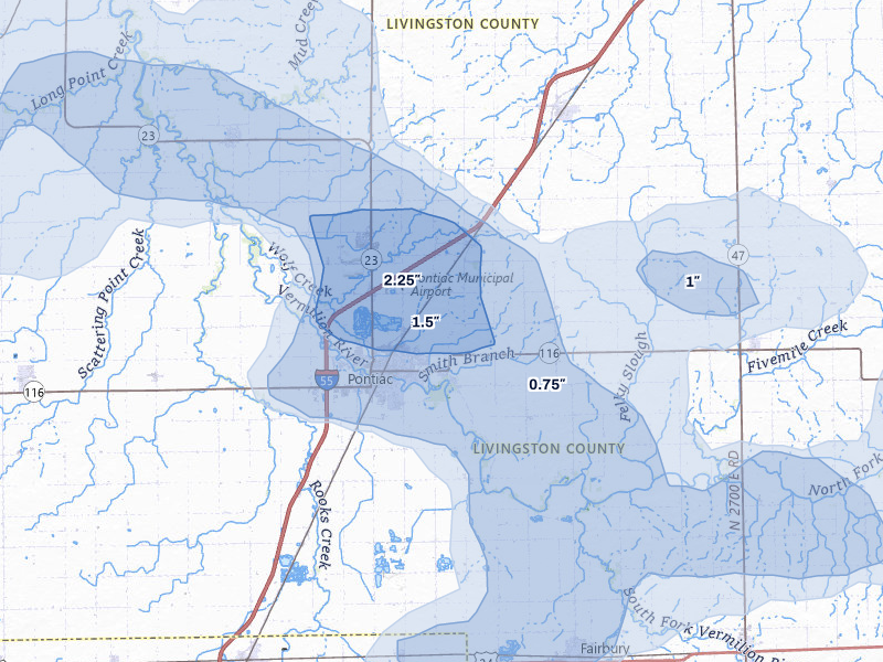 NEXRAD radar-signature map of the hail storm over Pontiac, IL on Jun 5, 2026