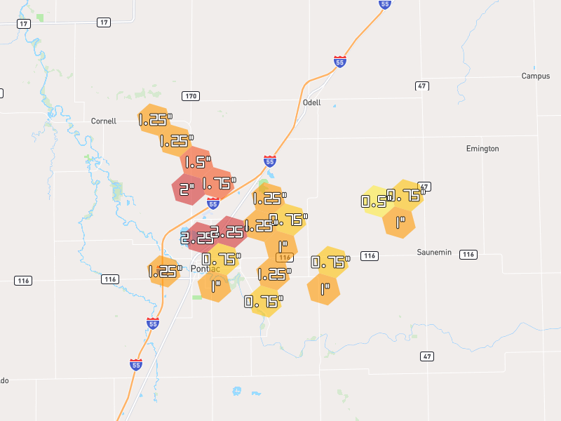 Hail map of Pontiac, IL on Jun 6, 2026, hail up to 2.25"