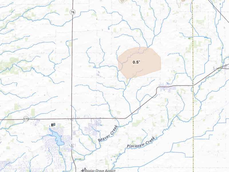 Radar-estimated hail-size map of the storm over Poplar Grove, IL on Jul 27, 2026