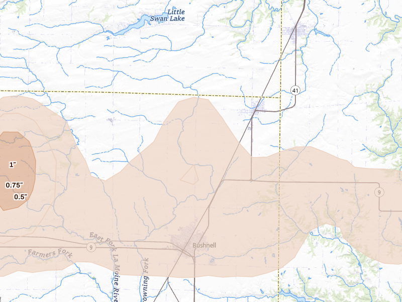 Radar-estimated hail-size map of the storm over Prairie City, IL on Jun 17, 2026