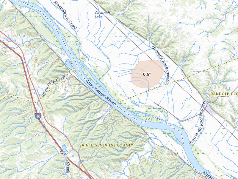 Radar-estimated hail-size map of the storm over Prairie Du Rocher, IL on Apr 27, 2026