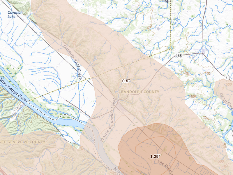 Radar-estimated hail-size map of the storm over Prairie Du Rocher, IL on Aug 12, 2026