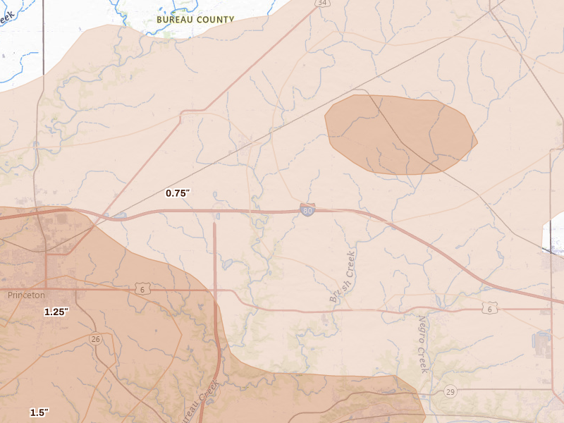 Radar-estimated hail-size map of the storm over Princeton, IL on Mar 10, 2026