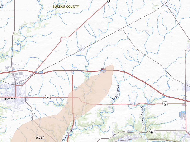 Radar-estimated hail-size map of the storm over Princeton, IL on Apr 2, 2026