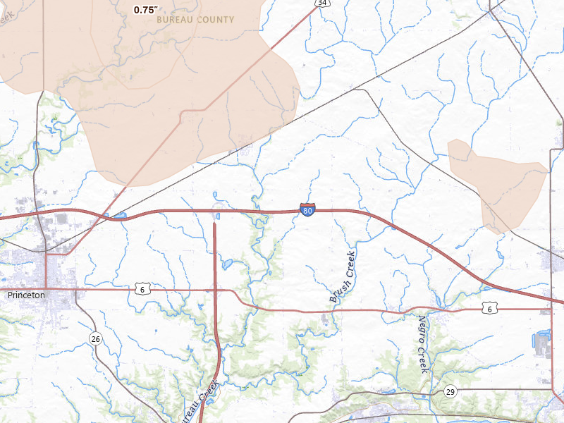Radar-estimated hail-size map of the storm over Princeton, IL on Jul 3, 2026