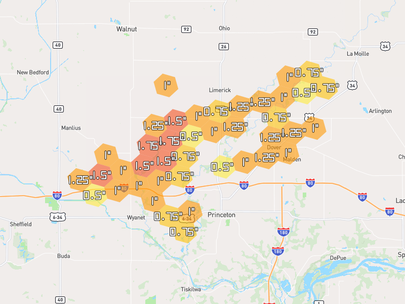 Hail map of Princeton, IL on Jul 3, 2026, hail up to 1.75"