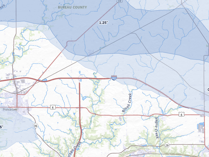NEXRAD radar-signature map of the hail storm over Princeton, IL on Aug 12, 2026