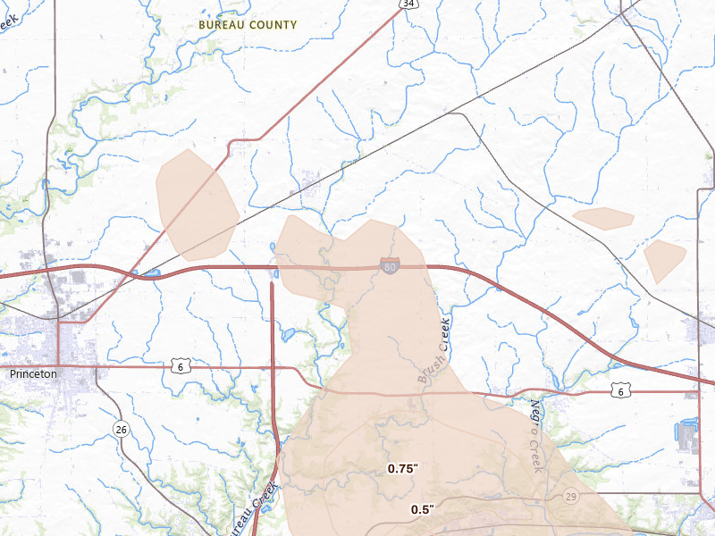 Radar-estimated hail-size map of the storm over Princeton, IL on Aug 21, 2026