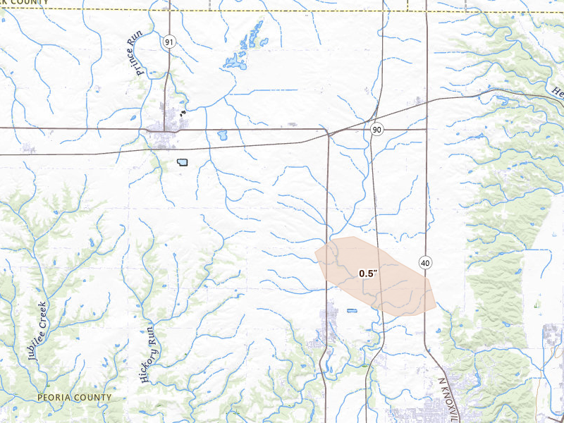 Radar-estimated hail-size map of the storm over Princeville, IL on Jun 24, 2026