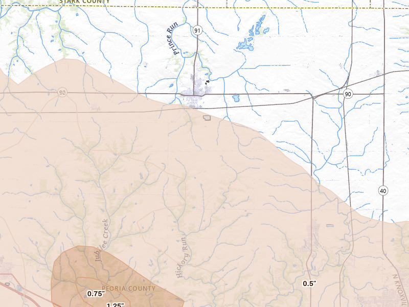 Radar-estimated hail-size map of the storm over Princeville, IL on Aug 13, 2026