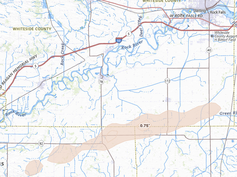 Radar-estimated hail-size map of the storm over Prophetstown, IL on Mar 10, 2026
