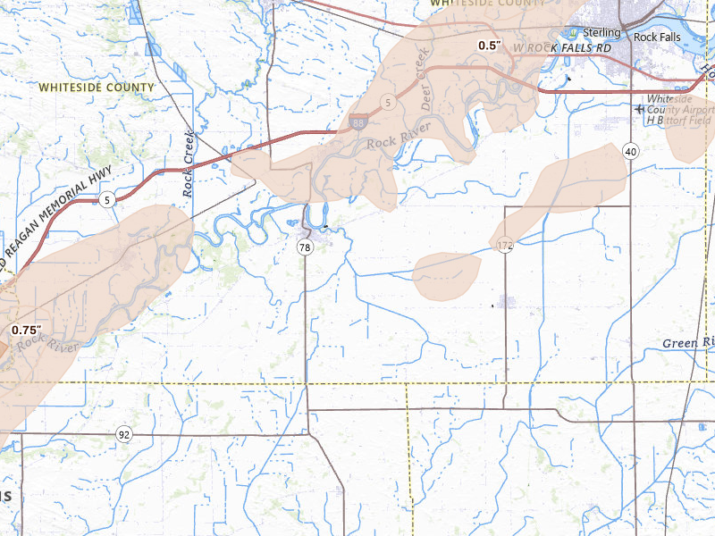 Radar-estimated hail-size map of the storm over Prophetstown, IL on Apr 2, 2026
