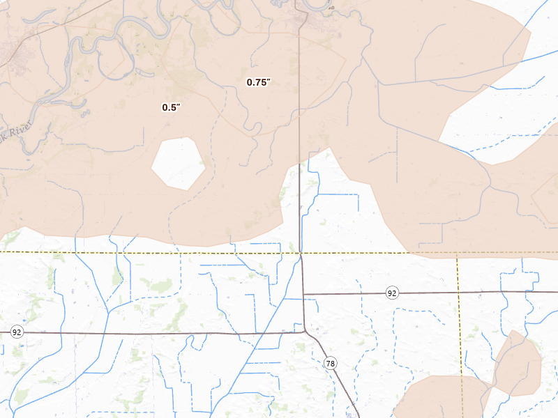 Radar-estimated hail-size map of the storm over Prophetstown, IL on Aug 11, 2026
