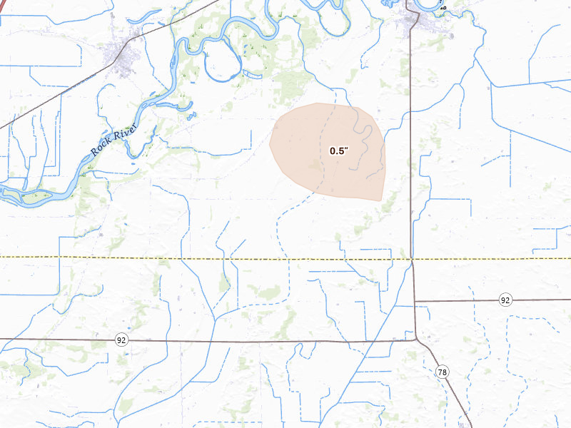 Radar-estimated hail-size map of the storm over Prophetstown, IL on Aug 12, 2026