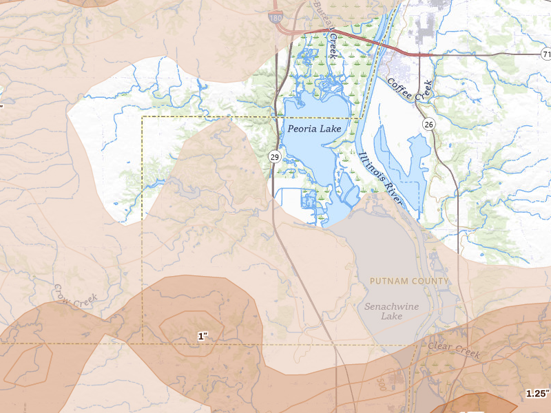 Radar-estimated hail-size map of the storm over Putnam, IL on Mar 10, 2026