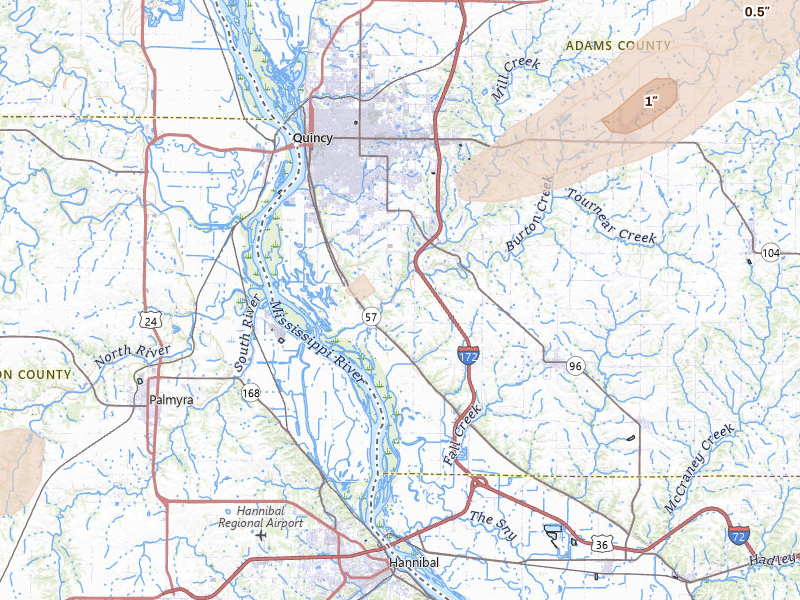 Radar-estimated hail-size map of the storm over Quincy, IL on Apr 13, 2026