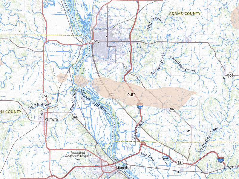 Radar-estimated hail-size map of the storm over Quincy, IL on May 4, 2026
