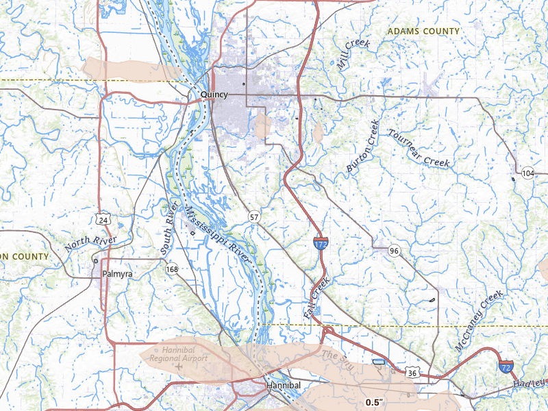 Radar-estimated hail-size map of the storm over Quincy, IL on May 14, 2026