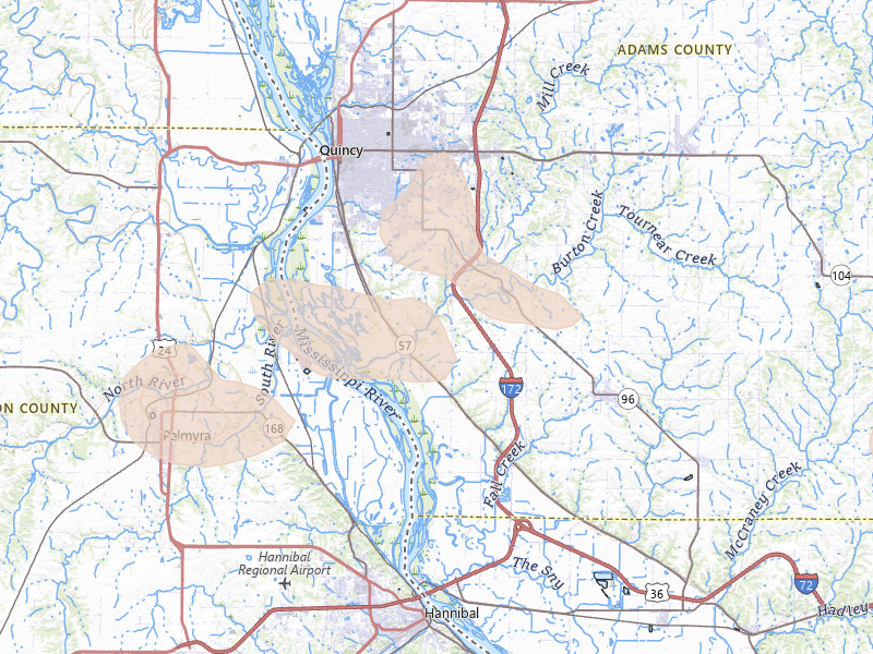 Radar-estimated hail-size map of the storm over Quincy, IL on May 16, 2026