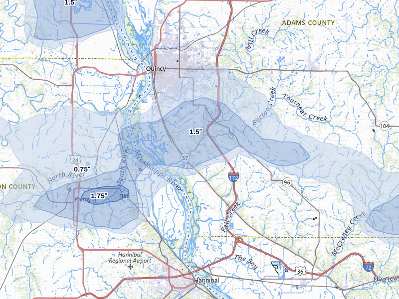 NEXRAD radar-signature map of the hail storm over Quincy, IL on May 16, 2026