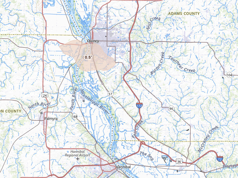 Radar-estimated hail-size map of the storm over Quincy, IL on Jun 13, 2026