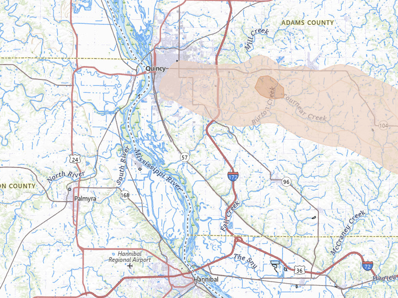 Radar-estimated hail-size map of the storm over Quincy, IL on Jun 17, 2026