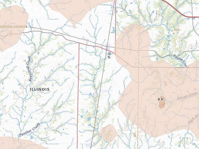 Radar-estimated hail-size map of the storm over Radom, IL on Apr 27, 2026