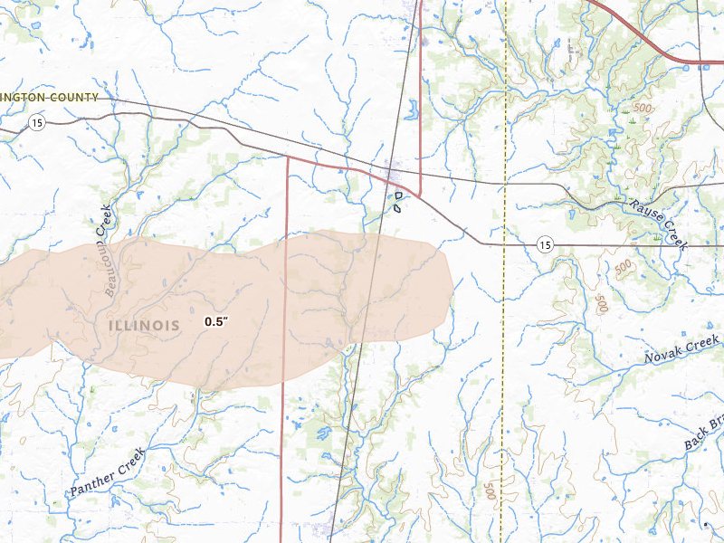 Radar-estimated hail-size map of the storm over Radom, IL on May 16, 2026