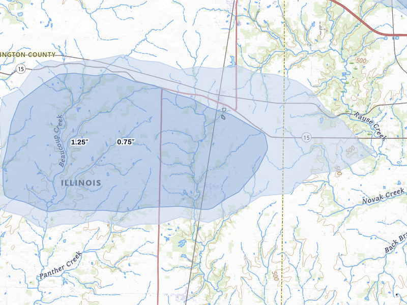 NEXRAD radar-signature map of the hail storm over Radom, IL on May 16, 2026
