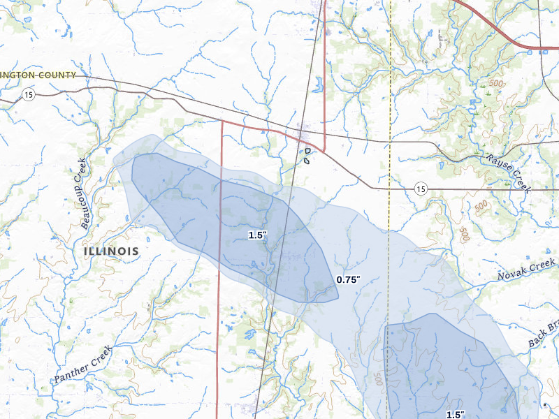 NEXRAD radar-signature map of the hail storm over Radom, IL on Jul 8, 2026