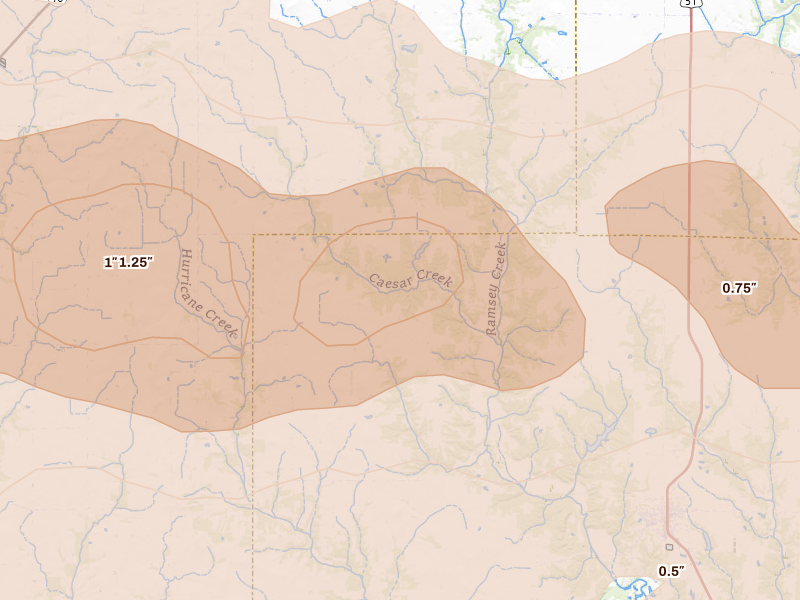Radar-estimated hail-size map of the storm over Ramsey, IL on Apr 27, 2026