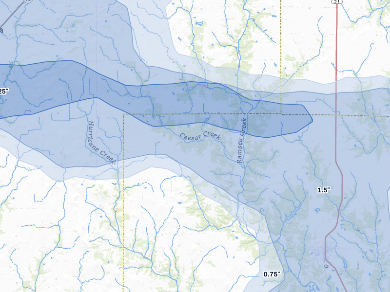 NEXRAD radar-signature map of the hail storm over Ramsey, IL on Apr 27, 2026