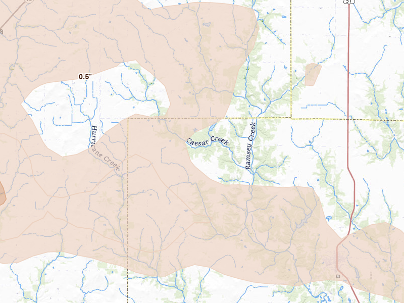 Radar-estimated hail-size map of the storm over Ramsey, IL on Jun 17, 2026