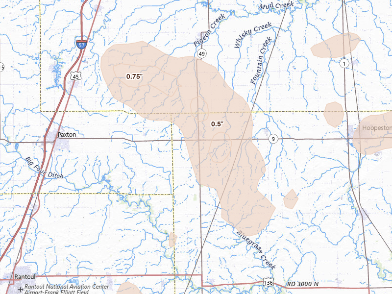 Radar-estimated hail-size map of the storm over Rankin, IL on Aug 13, 2026
