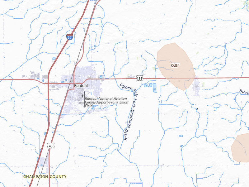 Radar-estimated hail-size map of the storm over Rantoul, IL on Jul 4, 2026