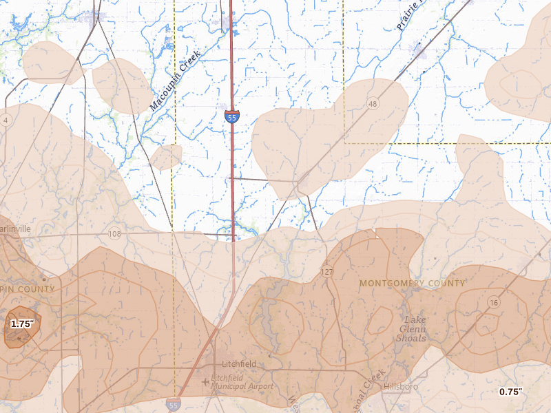 Radar-estimated hail-size map of the storm over Raymond, IL on Apr 27, 2026