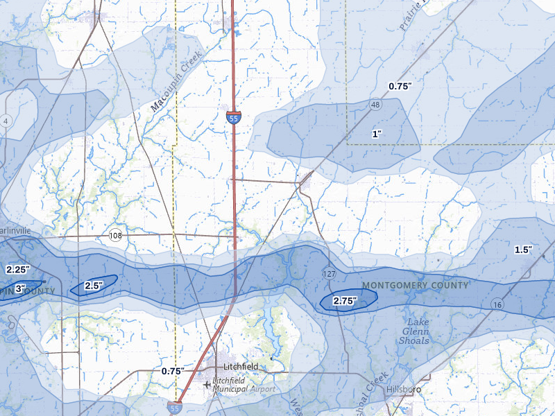 NEXRAD radar-signature map of the hail over Raymond, IL