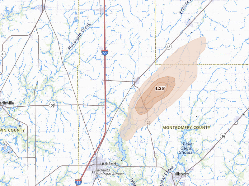 Radar-estimated hail-size map of the storm over Raymond, IL on Jun 10, 2026
