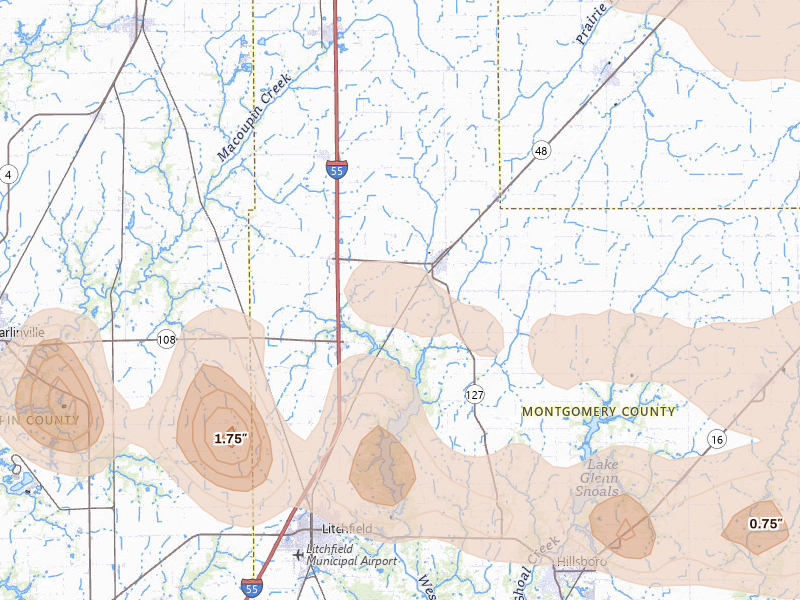 Radar-estimated hail-size map of the storm over Raymond, IL on Jun 17, 2026