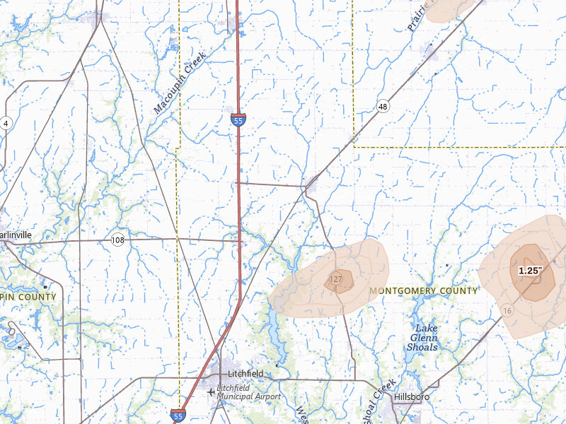 Radar-estimated hail-size map of the storm over Raymond, IL on Jul 9, 2026