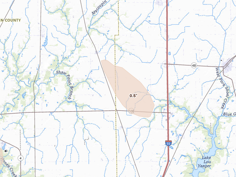 Radar-estimated hail-size map of the storm over Raymond, IL on Aug 21, 2026