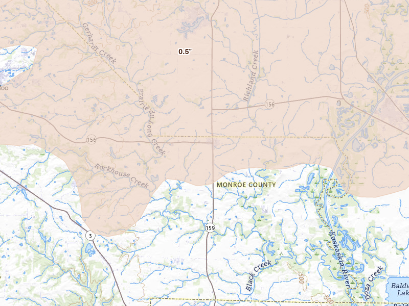 Radar-estimated hail-size map of the storm over Red Bud, IL on Apr 27, 2026