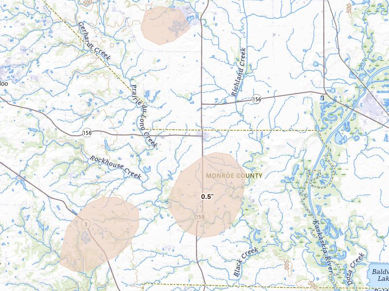 Radar-estimated hail-size map of the storm over Red Bud, IL on Jul 4, 2026