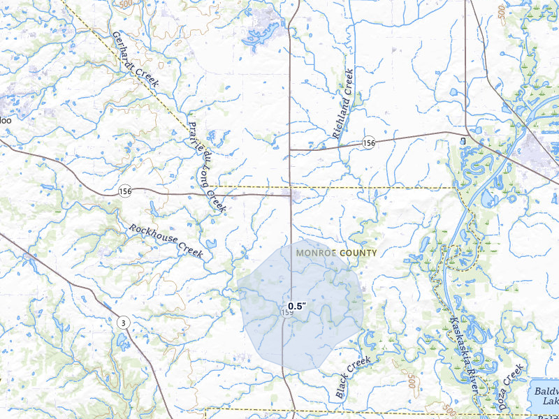 NEXRAD radar-signature map of the hail storm over Red Bud, IL on Jul 9, 2026