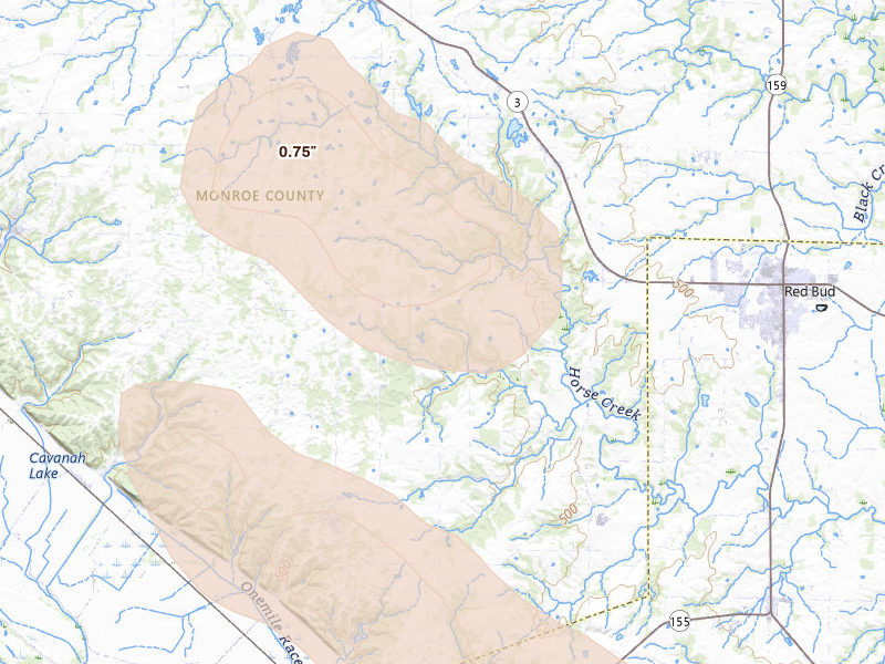 Radar-estimated hail-size map of the storm over Red Bud, IL on Aug 12, 2026