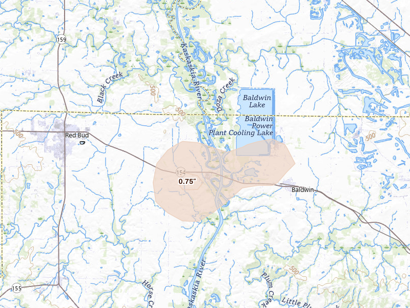 Radar-estimated hail-size map of the storm over Red Bud, IL on Aug 16, 2026