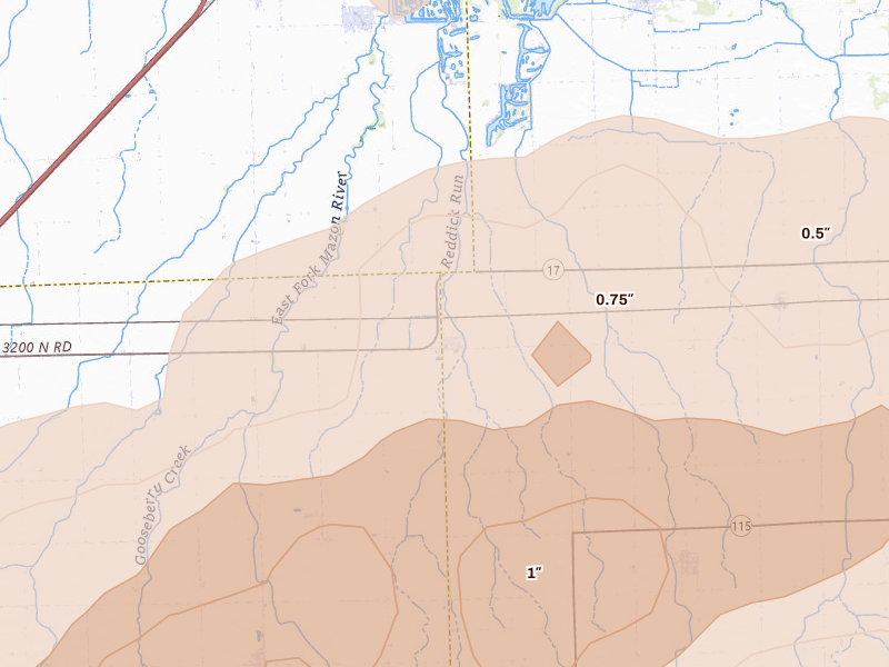Radar-estimated hail-size map of the storm over Reddick, IL on Apr 13, 2026