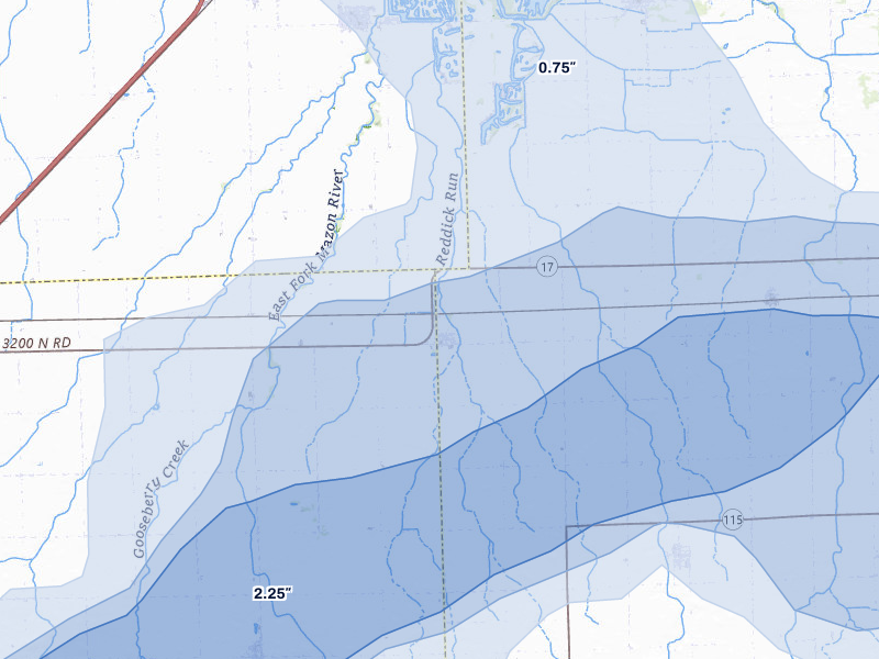 NEXRAD radar-signature map of the hail over Reddick, IL