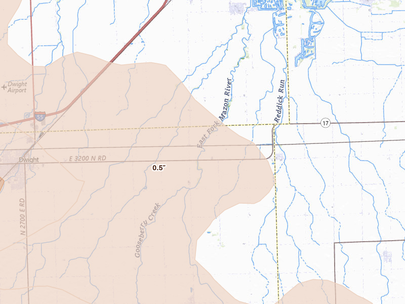 Radar-estimated hail-size map of the storm over Reddick, IL on Aug 9, 2026
